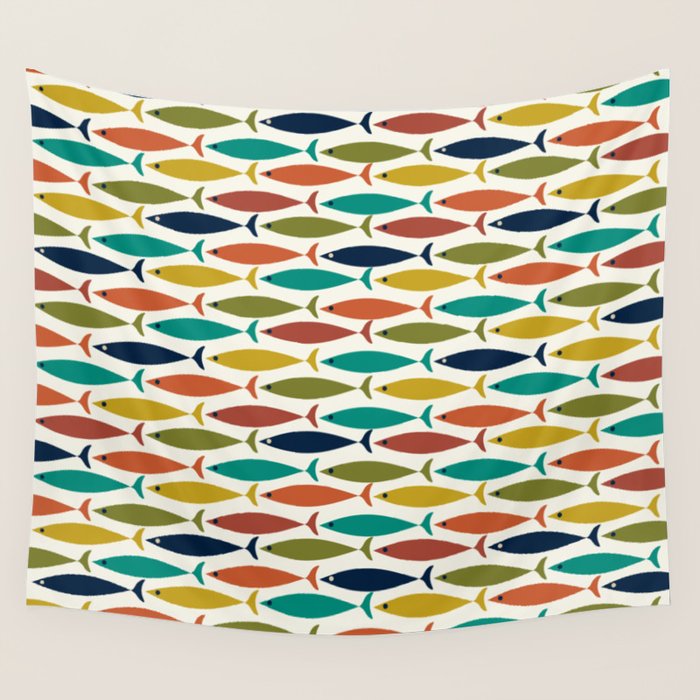Midcentury Modern Fish Pattern in Mid Mod Teal, Olive, Mustard, Orange on Nearly White Wall Tapestry Gallery Image 1