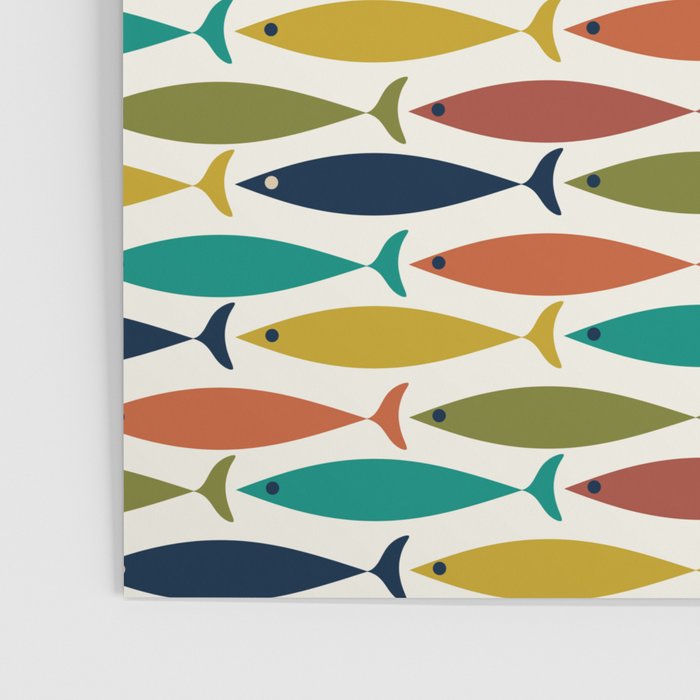 Midcentury Modern Fish Pattern in Mid Mod Teal, Olive, Mustard, Orange on Nearly White Poster Gallery Image 3