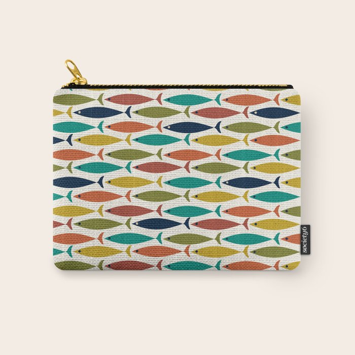 Midcentury Modern Fish Pattern in Mid Mod Teal, Olive, Mustard, Orange on Nearly White Carry All Pouch Gallery Image 1