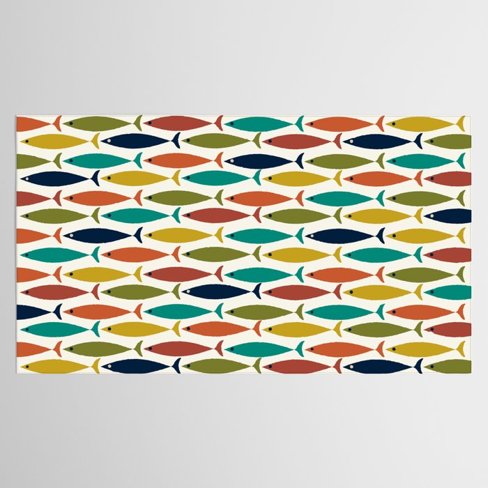 Midcentury Modern Fish Pattern in Mid Mod Teal, Olive, Mustard, Orange on Nearly White Tablecloth Gallery Image 2