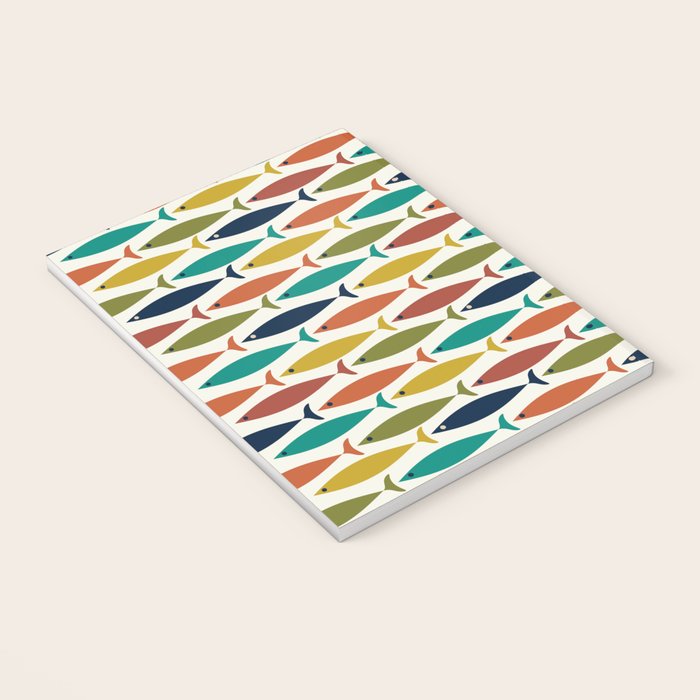 Midcentury Modern Fish Pattern in Mid Mod Teal, Olive, Mustard, Orange on Nearly White Notebook Gallery Image 3