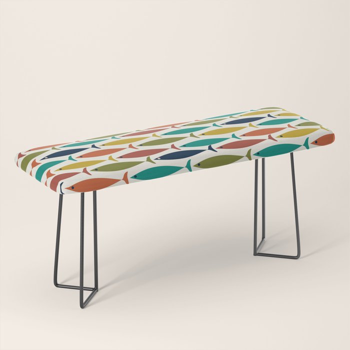 Midcentury Modern Fish Pattern in Mid Mod Teal, Olive, Mustard, Orange on Nearly White Bench Gallery Image 1