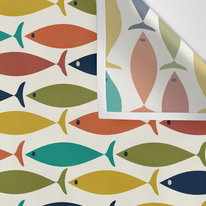 Midcentury Modern Fish Pattern in Mid Mod Teal, Olive, Mustard, Orange on Nearly White Wall Tapestry Gallery Image 3