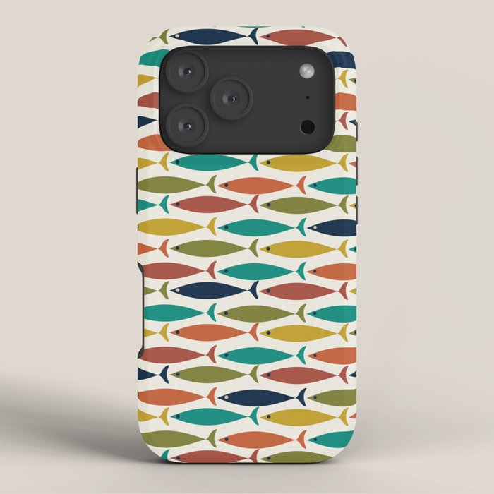 Midcentury Modern Fish Pattern in Mid Mod Teal, Olive, Mustard, Orange on Nearly White iPhone Case Gallery Image 3