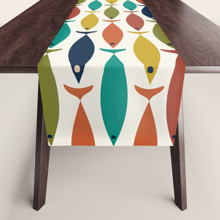 Midcentury Modern Fish Pattern in Mid Mod Teal, Olive, Mustard, Orange on Nearly White Table Runner Gallery Image 1
