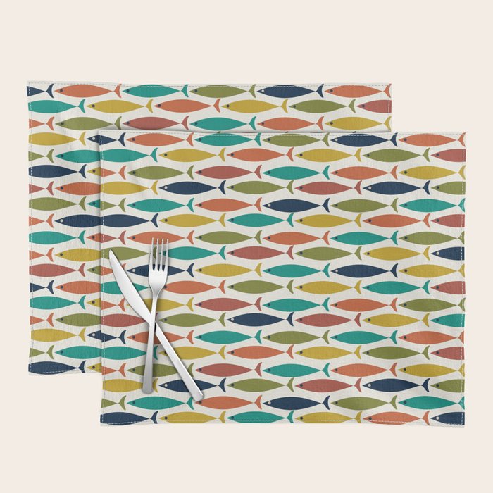 Midcentury Modern Fish Pattern in Mid Mod Teal, Olive, Mustard, Orange on Nearly White Placemat Gallery Image 1