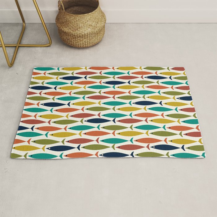Midcentury Modern Fish Pattern in Mid Mod Teal, Olive, Mustard, Orange on Nearly White Rug Gallery Image 1
