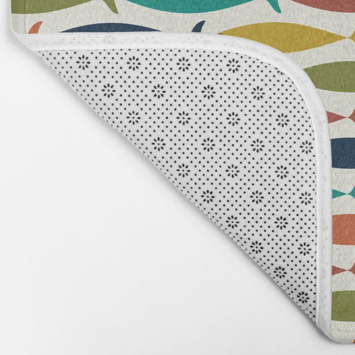 Midcentury Modern Fish Pattern in Mid Mod Teal, Olive, Mustard, Orange on Nearly White Bath Mat Gallery Image 2