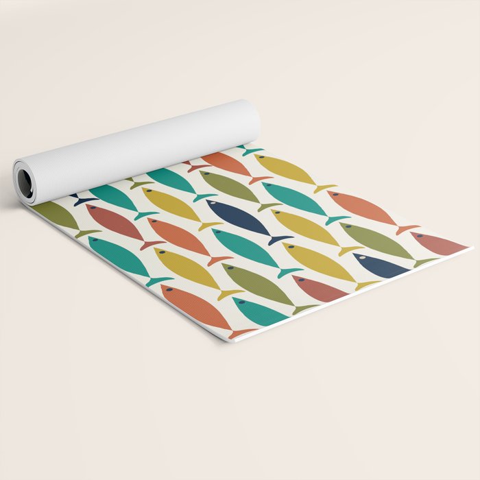 Midcentury Modern Fish Pattern in Mid Mod Teal, Olive, Mustard, Orange on Nearly White Yoga Mat Gallery Image 2