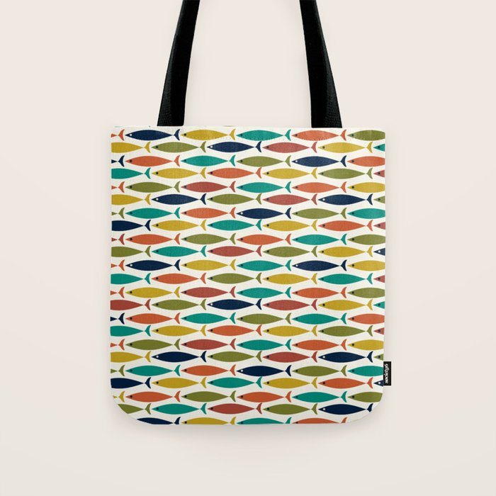 Midcentury Modern Fish Pattern in Mid Mod Teal, Olive, Mustard, Orange on Nearly White Tote Bag Gallery Image 1