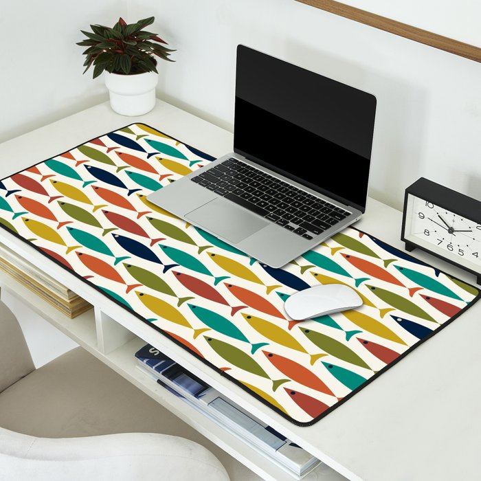 Midcentury Modern Fish Pattern in Mid Mod Teal, Olive, Mustard, Orange on Nearly White Desk Mat Gallery Image 2