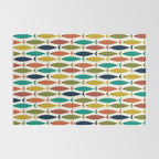 Midcentury Modern Fish Pattern in Mid Mod Teal, Olive, Mustard, Orange on Nearly White Rug Gallery Image 2