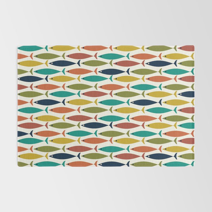 Midcentury Modern Fish Pattern in Mid Mod Teal, Olive, Mustard, Orange on Nearly White Rug Gallery Image 2