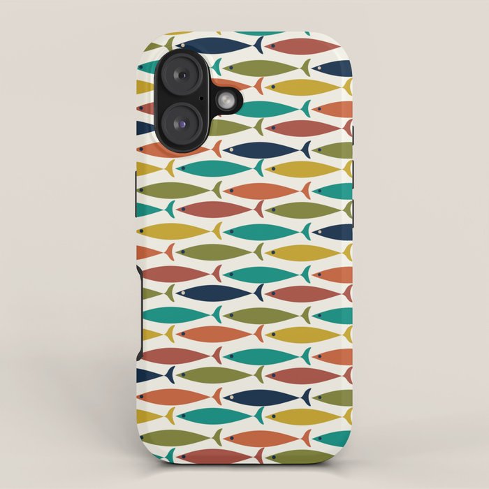 Midcentury Modern Fish Pattern in Mid Mod Teal, Olive, Mustard, Orange on Nearly White iPhone Case Gallery Image 1