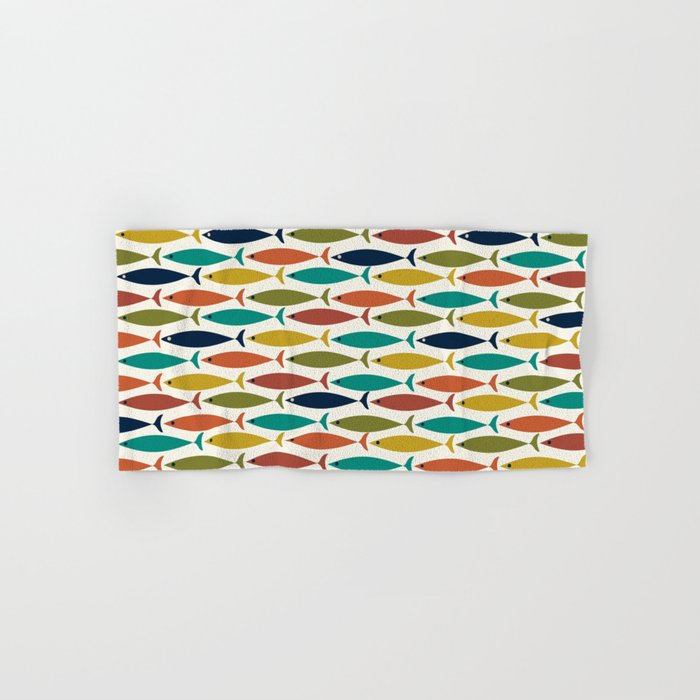 Midcentury Modern Fish Pattern in Mid Mod Teal, Olive, Mustard, Orange on Nearly White Bath Towel Gallery Image 1