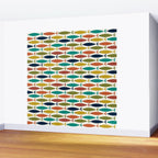 Midcentury Modern Fish Pattern in Mid Mod Teal, Olive, Mustard, Orange on Nearly White Wall Mural Gallery Image 2