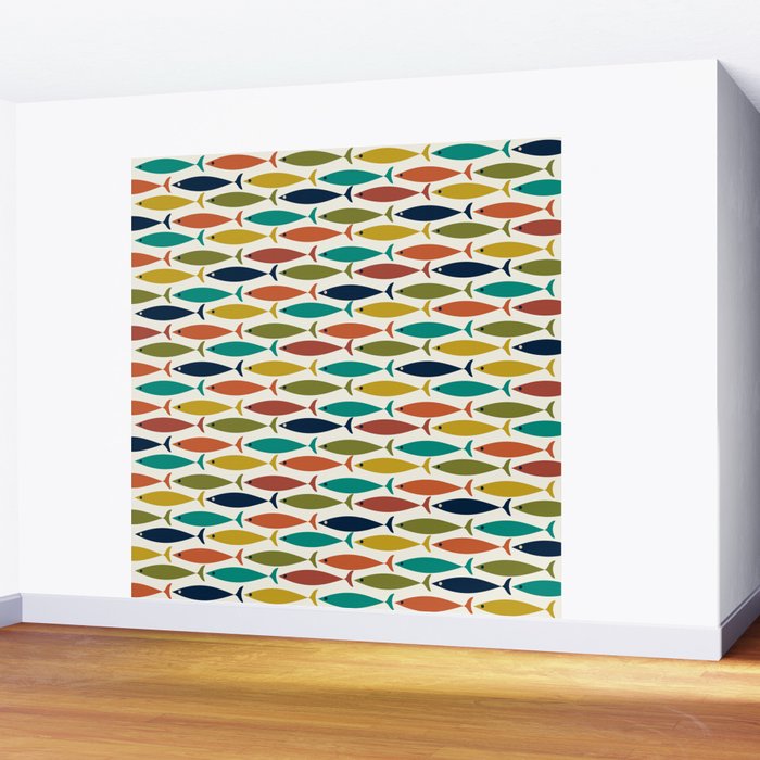Midcentury Modern Fish Pattern in Mid Mod Teal, Olive, Mustard, Orange on Nearly White Wall Mural Gallery Image 2
