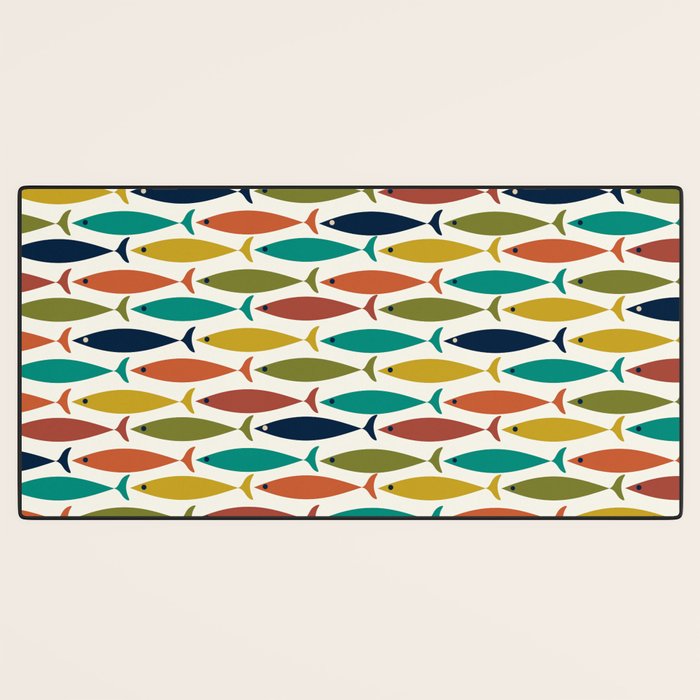 Midcentury Modern Fish Pattern in Mid Mod Teal, Olive, Mustard, Orange on Nearly White Desk Mat Gallery Image 3