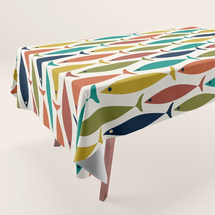 Midcentury Modern Fish Pattern in Mid Mod Teal, Olive, Mustard, Orange on Nearly White Tablecloth Gallery Image 1