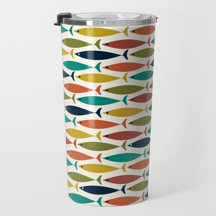 Midcentury Modern Fish Pattern in Mid Mod Teal, Olive, Mustard, Orange on Nearly White Travel Mug Gallery Image 3