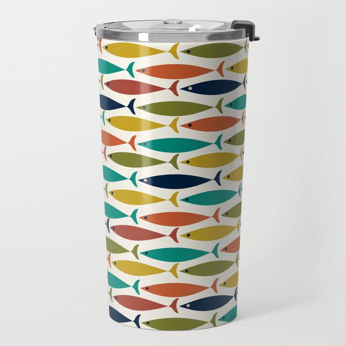 Midcentury Modern Fish Pattern in Mid Mod Teal, Olive, Mustard, Orange on Nearly White Travel Mug Gallery Image 2
