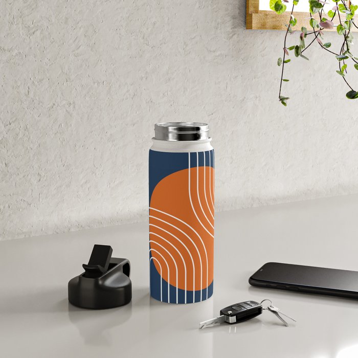 Mid Century Modern Geometric 161 Sun Rainbow abstract in Navy Blue Orange Water Bottle Gallery Image 4