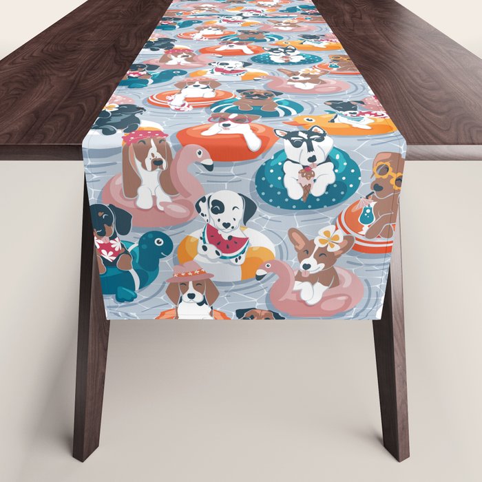 Summer pool pawty // pastel blue background dog breeds in vacations playing on swimming pool floats // Labrador beagle dachshund jack Russell Dalmatian welsh corgi pug greyhound basset hound husky  Table Runner Gallery Image 1