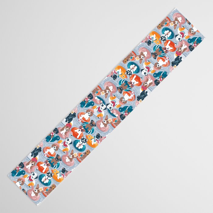 Summer pool pawty // pastel blue background dog breeds in vacations playing on swimming pool floats // Labrador beagle dachshund jack Russell Dalmatian welsh corgi pug greyhound basset hound husky  Table Runner Gallery Image 3
