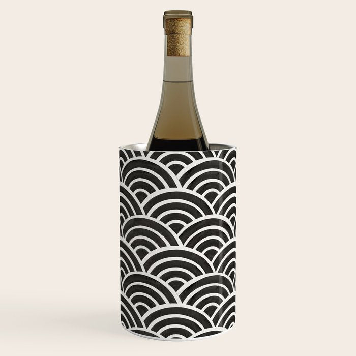 Japanese Seigaiha Wave - Black & White Palette Wine Chiller Gallery Image 1