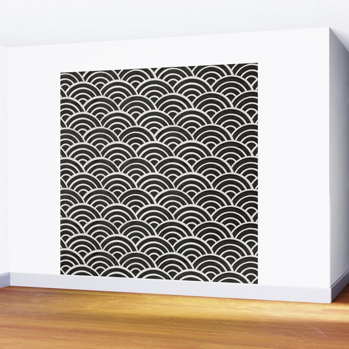 Japanese Seigaiha Wave - Black & White Palette Wall Mural Gallery Image 2