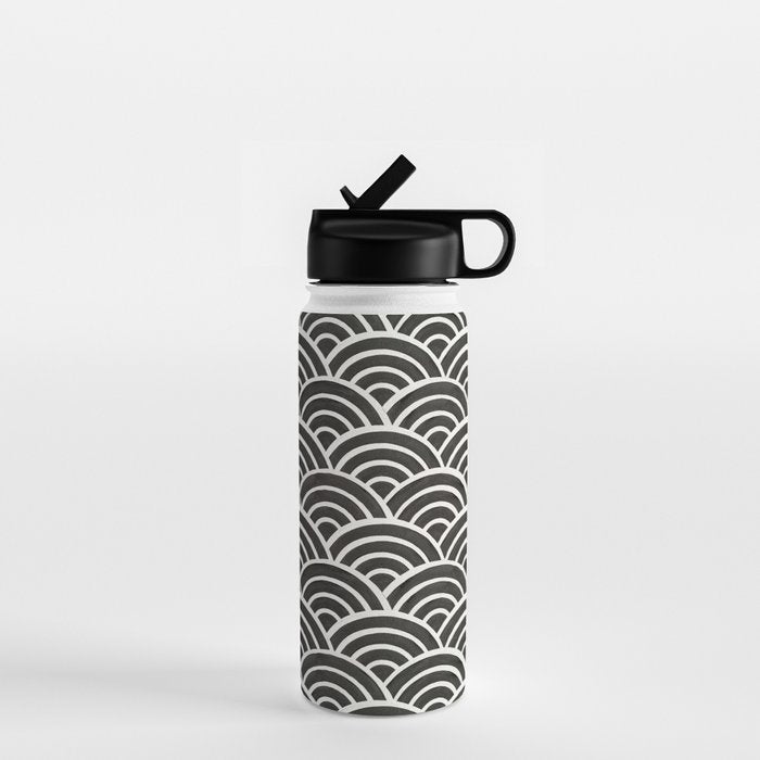 Japanese Seigaiha Wave - Black & White Palette Water Bottle Gallery Image 1