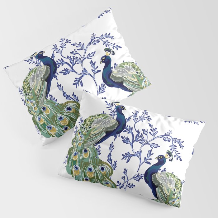 Chinoiserie Peacock Blue & White Floral Pillow Sham Gallery Image 3