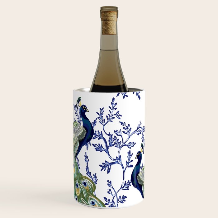 Chinoiserie Peacock Blue & White Floral Wine Chiller Gallery Image 1