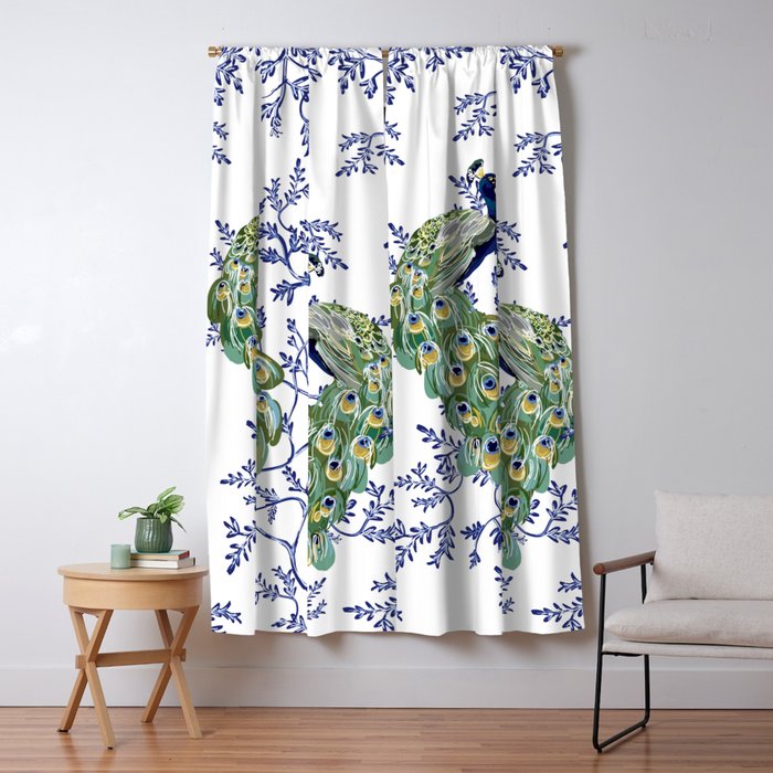 Chinoiserie Peacock Blue & White Floral Window Curtain Gallery Image 5