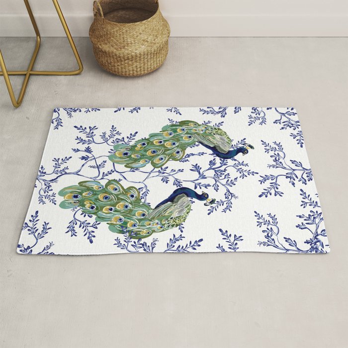 Chinoiserie Peacock Blue & White Floral Rug Gallery Image 1