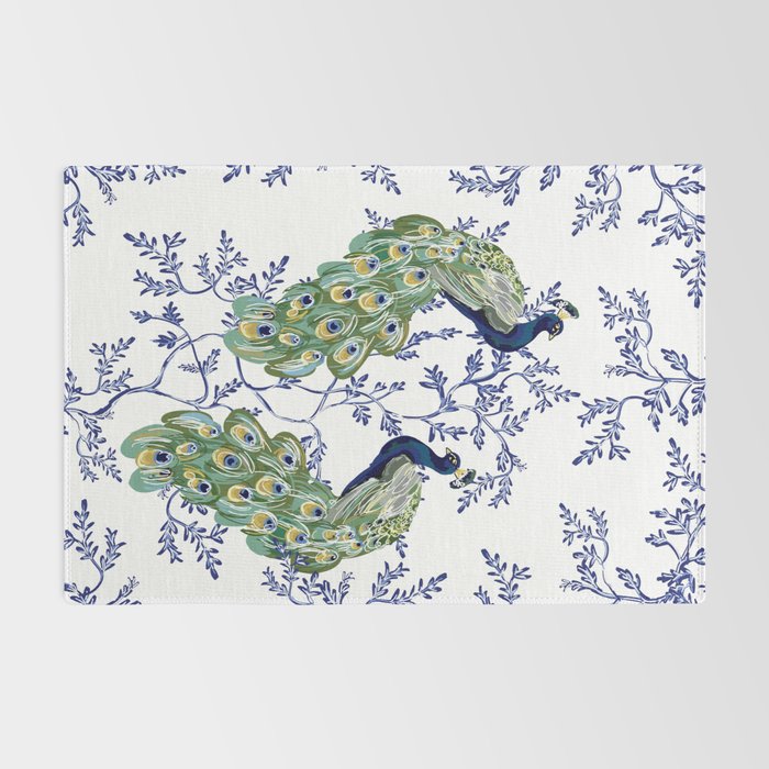 Chinoiserie Peacock Blue & White Floral Rug Gallery Image 2