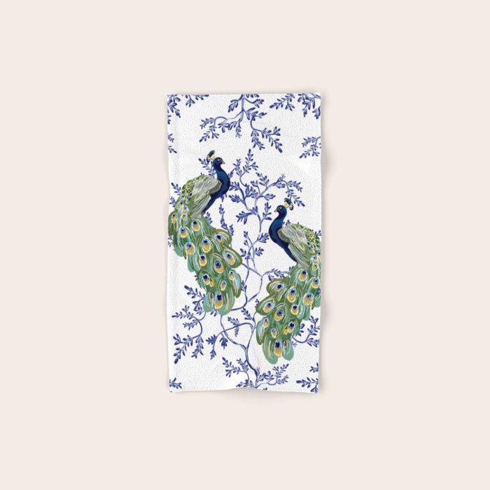 Chinoiserie Peacock Blue & White Floral Bath Towel Gallery Image 1