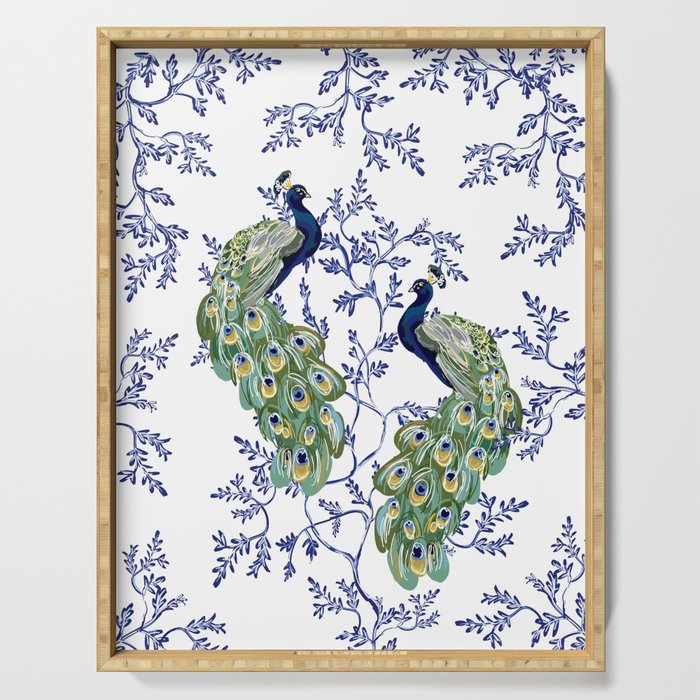 Chinoiserie Peacock Blue & White Floral Serving Tray Gallery Image 1