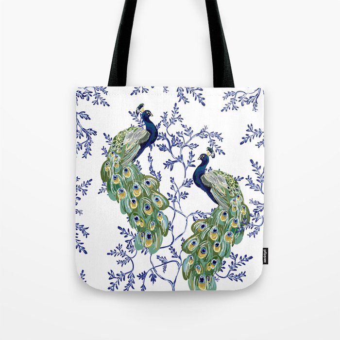 Chinoiserie Peacock Blue & White Floral Tote Bag Gallery Image 1