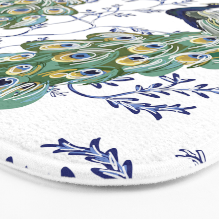 Chinoiserie Peacock Blue & White Floral Bath Mat Gallery Image 3