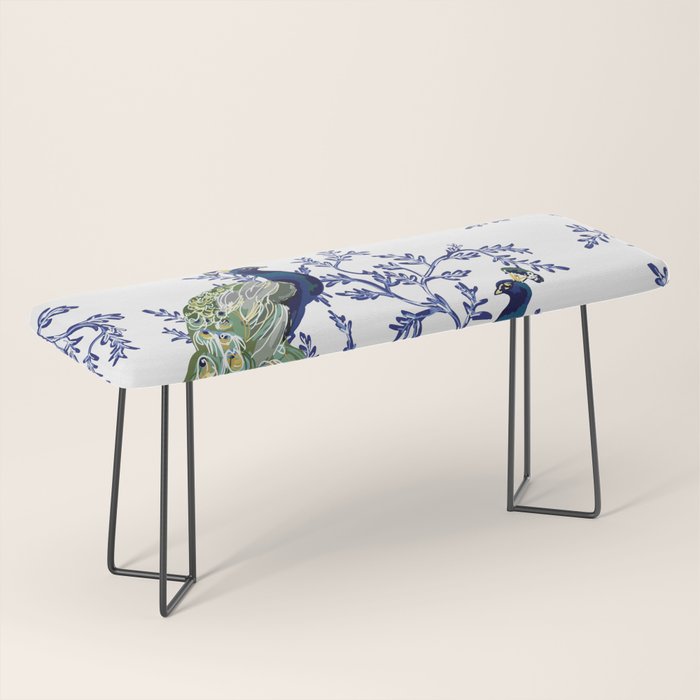 Chinoiserie Peacock Blue & White Floral Bench Gallery Image 1