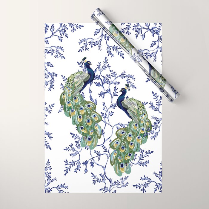 Chinoiserie Peacock Blue & White Floral Wrapping Paper Gallery Image 1