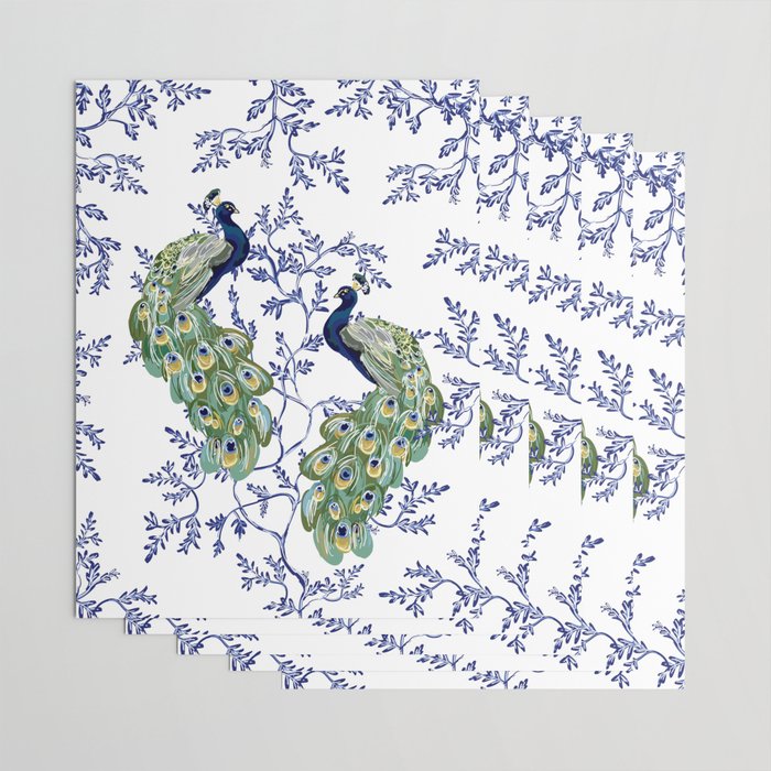 Chinoiserie Peacock Blue & White Floral Wrapping Paper Gallery Image 3