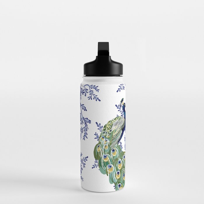 Chinoiserie Peacock Blue & White Floral Water Bottle Gallery Image 3
