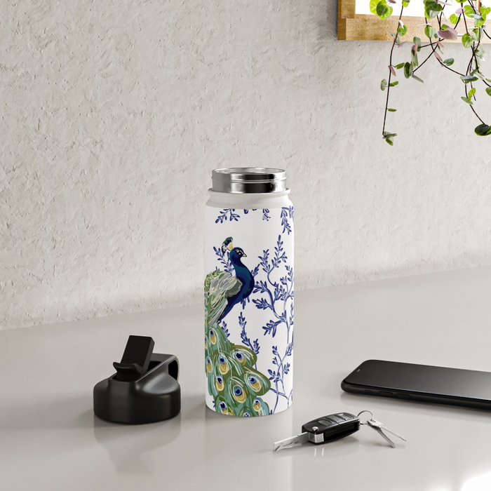 Chinoiserie Peacock Blue & White Floral Water Bottle Gallery Image 4