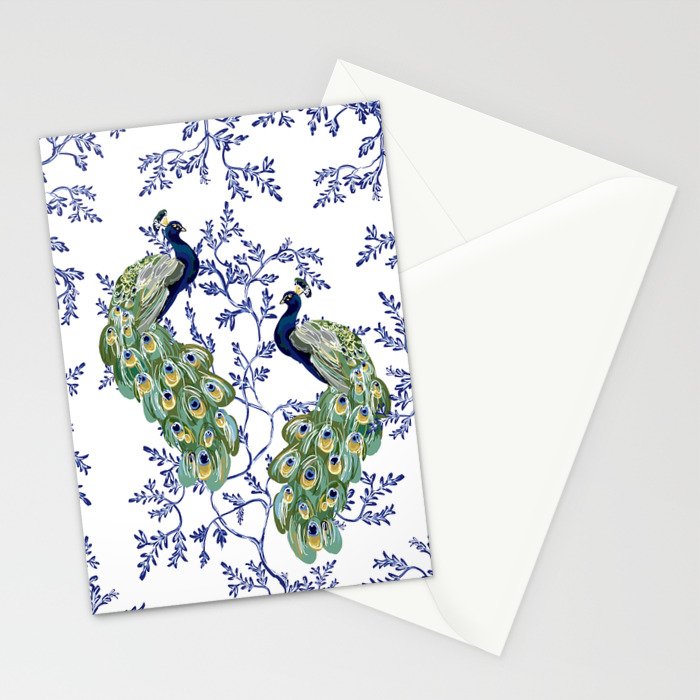 Chinoiserie Peacock Blue & White Floral Stationery Card Gallery Image 2