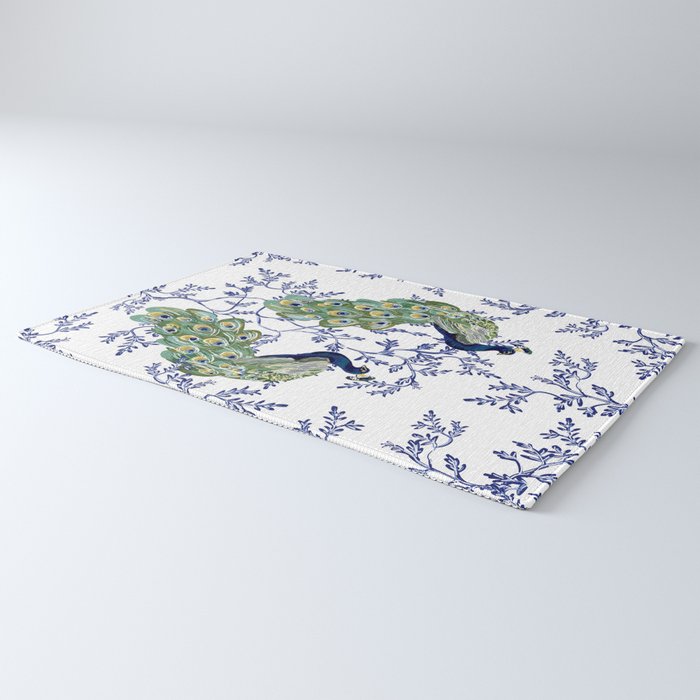 Chinoiserie Peacock Blue & White Floral Rug Gallery Image 3