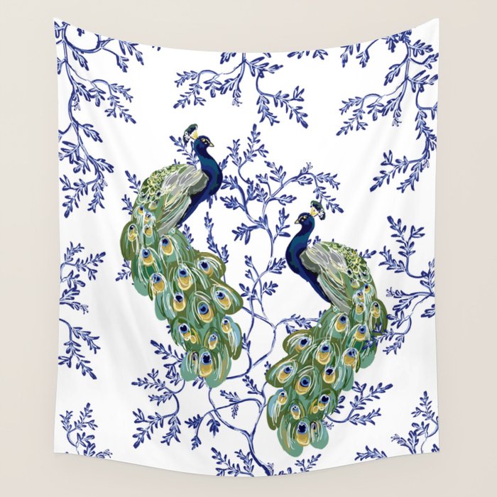 Chinoiserie Peacock Blue & White Floral Wall Tapestry Gallery Image 4