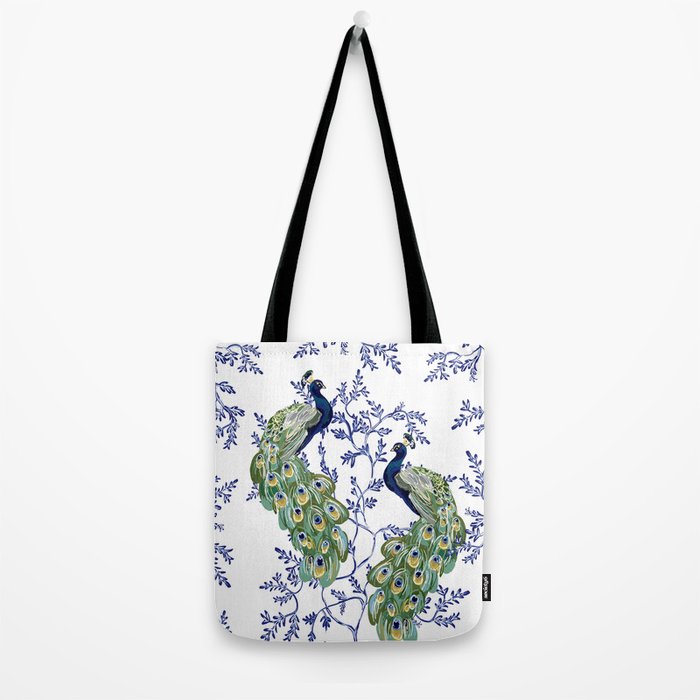 Chinoiserie Peacock Blue & White Floral Tote Bag Gallery Image 2
