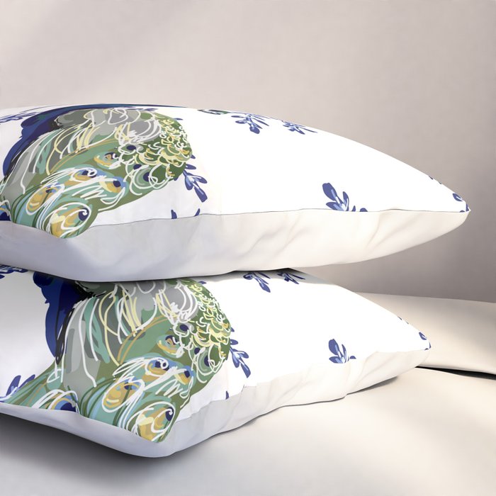 Chinoiserie Peacock Blue & White Floral Pillow Sham Gallery Image 3